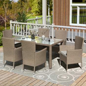 7pc Outdoor Wicker Dining Set with Cushions - Beige - GODEER