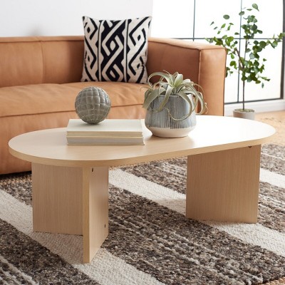 Natural Wood Oval Coffee Table with V-Shaped Base