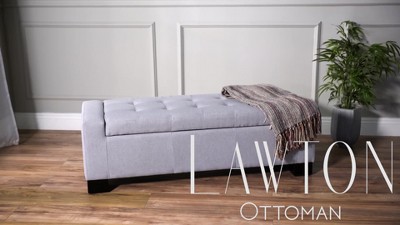 Dark Blue Tufted Fabric Storage Ottoman with Birch Legs
