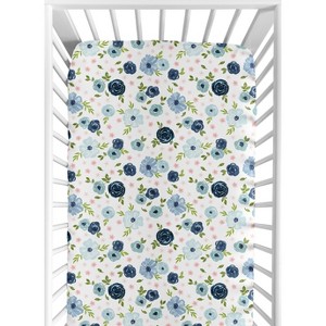 Sweet Jojo Designs Girl Jersey Knit Baby Fitted Crib Sheet Watercolor Floral Blue Green and Pink - 1 of 4