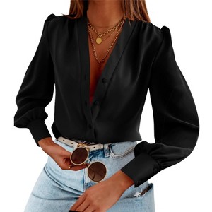 Imily Bela Women's Business Casual V Neck Chiffon Blouse Long Sleeve Button Down Summer Shirt - 1 of 4
