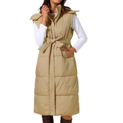 INSPIRE CHIC Women's Long Sleeveless Hooded Pockets Belted Winter Vest Jackets