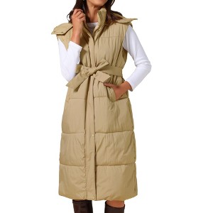 INSPIRE CHIC Women's Long Sleeveless Hooded Pockets Belted Winter Vest Jackets - 1 of 4