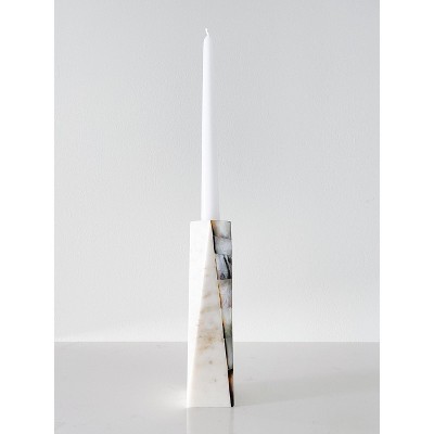 Small White Marble and Grey Mother of Pearl Candle Holder