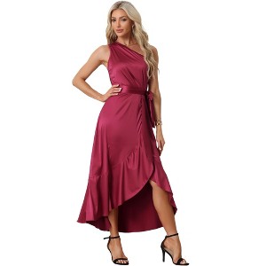 INSPIRE CHIC Women's Satin Sleeveless One Shoulder Belted Split Ruffle Evening Cocktail Dress - 1 of 4