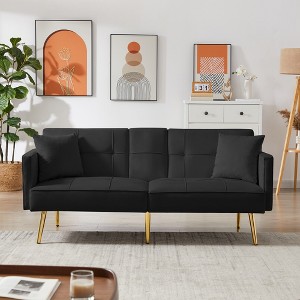 Velvet Futon Sofa Bed with Gold Metal Legs, 2 Pillows, Cup Holders and Side Pockets for Living Room - 1 of 4