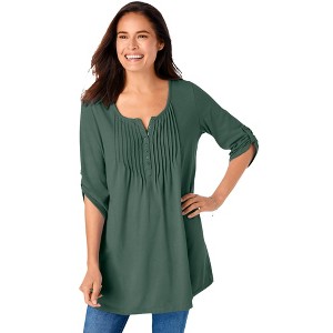 Woman Within Plus Size 7-Day Three-Quarter Sleeve Pintucked Henley Tunic - 1 of 4