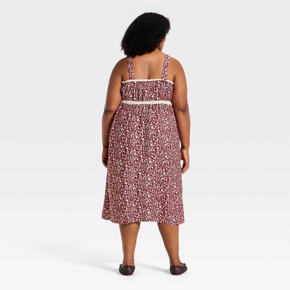 Women's Sleeveless Button Up Tie Waist Square Neck Lace Trim Midi Dress - Ava & Viv™ - thumbnail 2