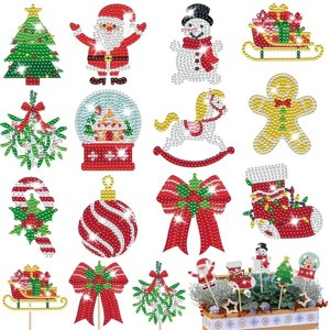 12Pcs Christmas Rhinestones Painting Kits Santa Claus Snowman Gingerbread Man Christmas Stockings Bows Design Rhinestones Art for DIY Art Garden - 1 of 4