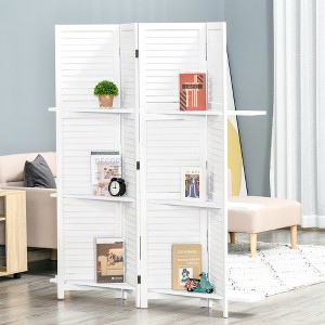 Gulches 4 Panel 67" Tall Wood Privacy Screen Room Divider with 3 Display Shelves, and Folding Storage for Bedroom or Home Office, White - 1 of 4