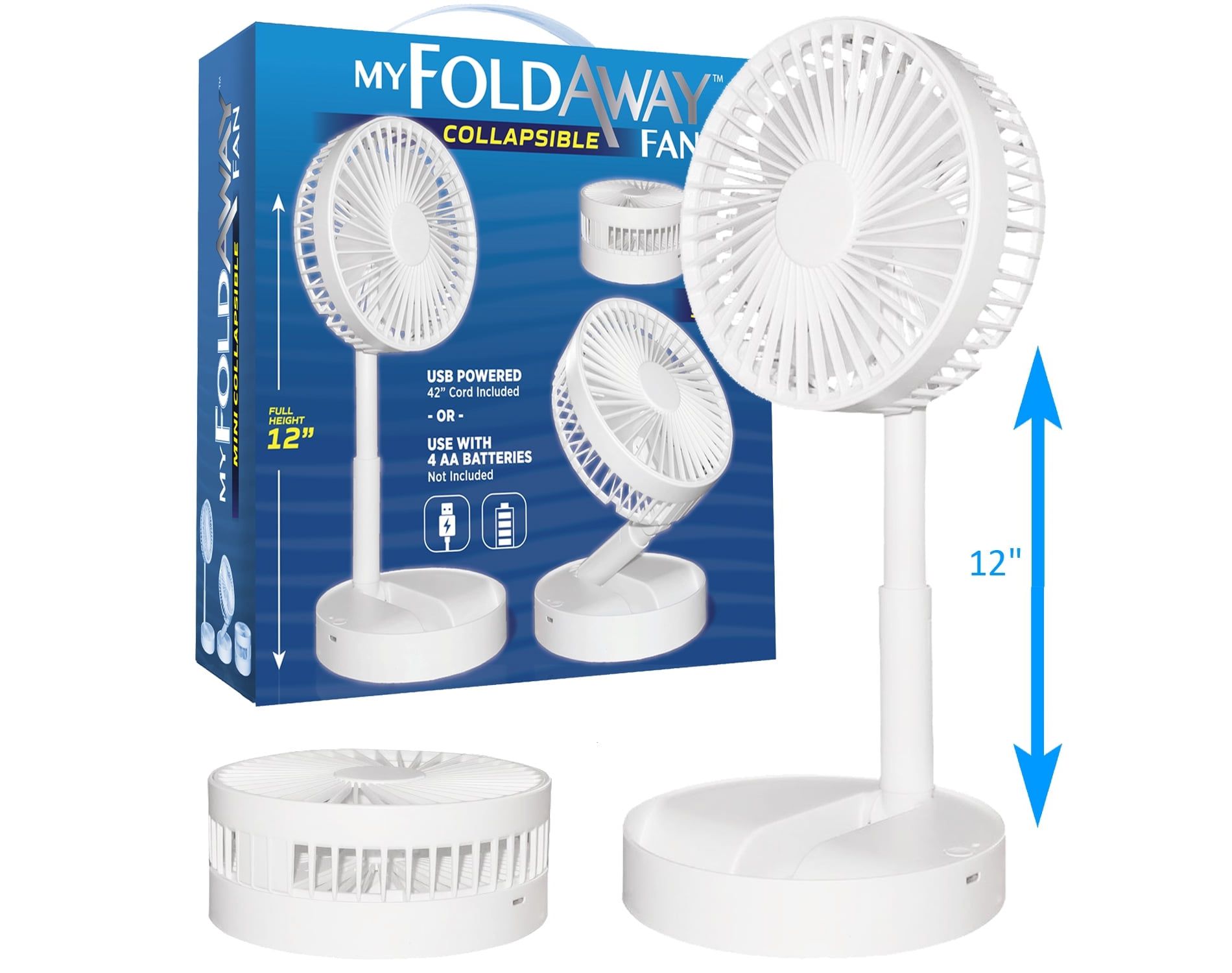 Bell + Howell My Foldaway White Collapsible Portable Desk Fan USB Powered Extendable 12 Inch