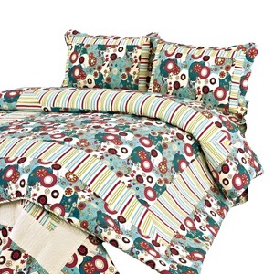 Slickblue Floral 3PC Cotton Quilt Set, Vermicelli Quilted with Circles Pattern, Full/Queen, Includes Shams - 1 of 4