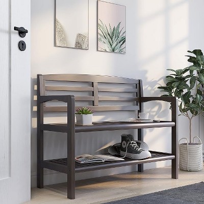 Abingdon Espresso Solid Birch Wood Large Bench with Back and Storage Shelf