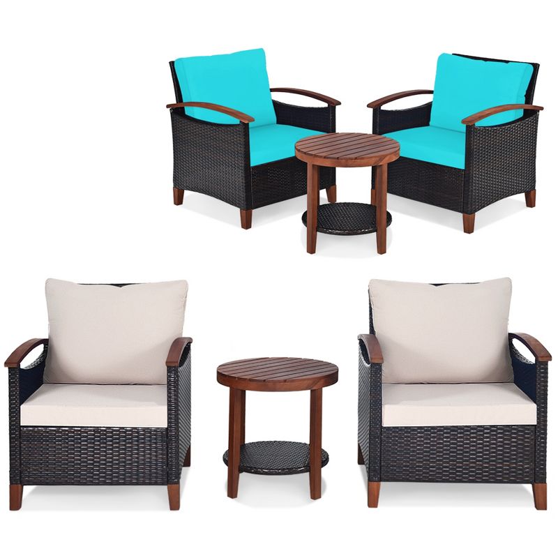 Costway 3PCS Patio Wicker Sofa Set Acacia Wood Frame with Beige &Turquoise Cushion Covers, 1 of 11