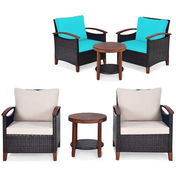 Costway 3PCS Patio Wicker Sofa Set Acacia Wood Frame with Beige &Turquoise Cushion Covers