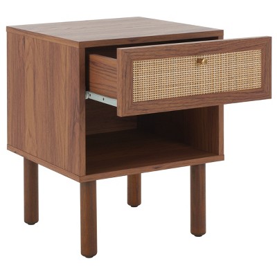 Walnut and Natural Rattan Nightstand with Drawer and Shelf