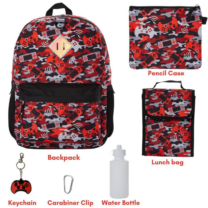 RALME Red Camo Gaming Backpack Set for Boys & Girls, 16 inch, 6 Pieces - Includes Foldable Lunch Bag, Water Bottle, Key Chain, & Pencil Case, 2 of 10