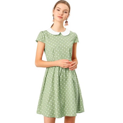 Allegra K Women's Peter Pan Collar Short Sleeves Contrast A-line Polka Dots  Dress Green Large : Target