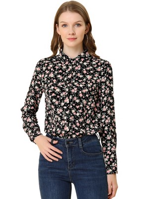 Allegra K Women's Point Collar Long Button Sleeve Button Down Floral Shirt
