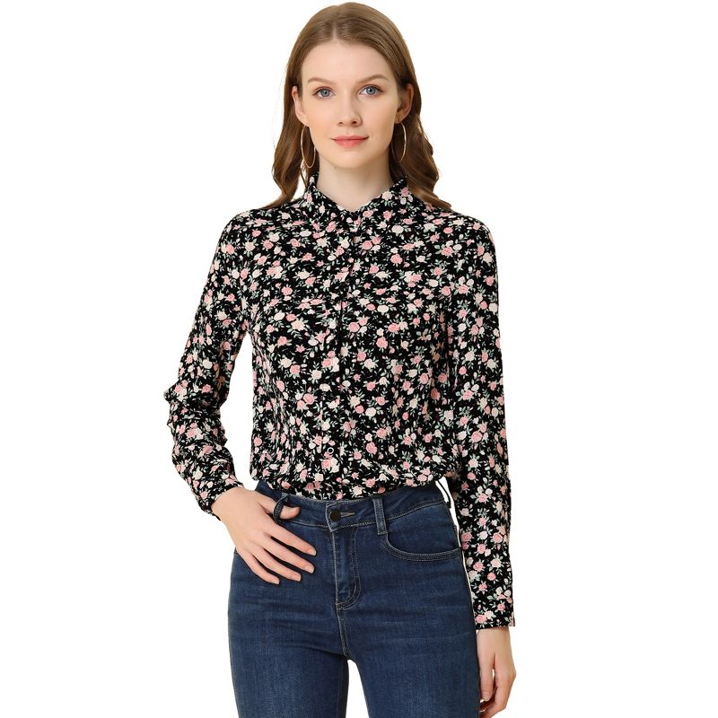Allegra K Women's Daily Point Collar Long Button Sleeve Button Down Floral Shirt, 1 of 8
