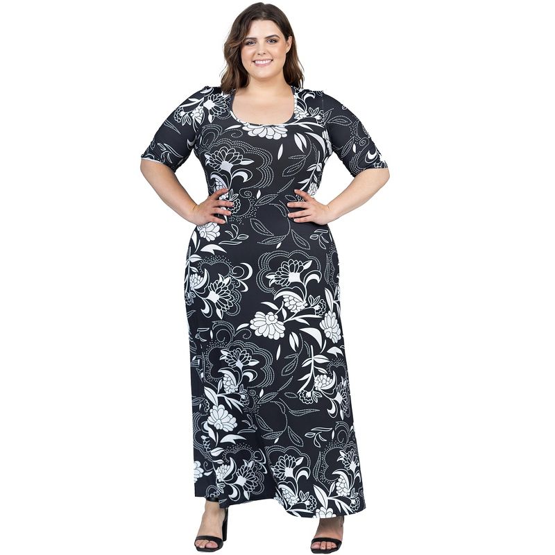 24seven Comfort Apparel Plus Size  Black and White Elbow Sleeve Casual A Line Maxi Dress, 1 of 7