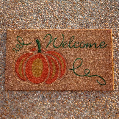 Evergreen Welcome Pumpkin Indoor Outdoor Natural Coir Doormat 1'5"x2'5" Brown