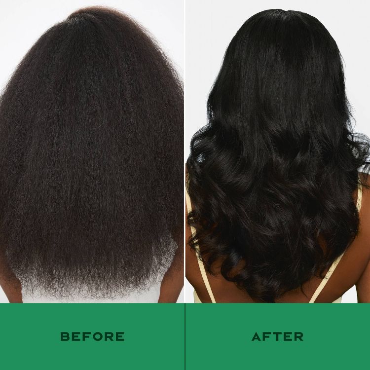Side-by-side comparison showing hair before and after treatment, with the left side featuring voluminous, textured hair and the right side showing smooth, wavy hair.