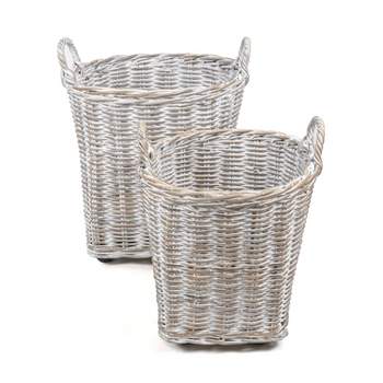 happimess Arbour Rustic Hand-Woven Rattan Nesting Baskets with Wheels and Handles, White Wash/Kubu Gray (Set of 2)