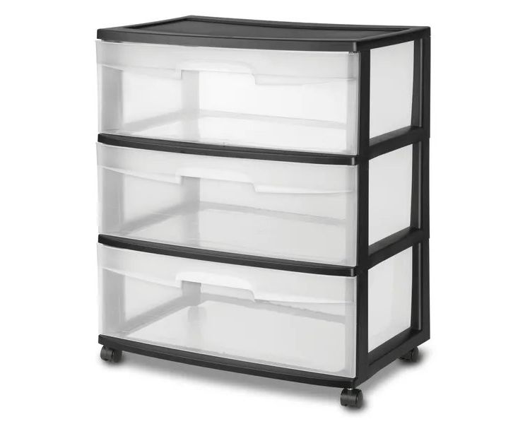3 Drawer Wide Plastic Storage Cart with Clear Pull Out Drawers, Black, 1 of 2