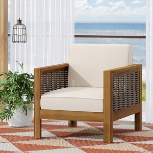 Outdoor Acacia Wood Club Chair with Wicker Accents, Teak Finish + Mixed Brown + Beige, 30.25"D x 27.5"W x 23.75"H - 1 of 4