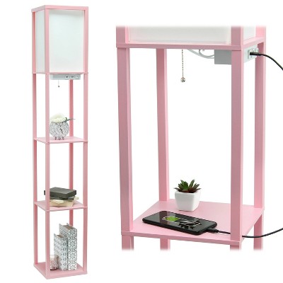 Light Pink Etagere Floor Lamp with USB Ports and Linen Shade