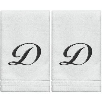 Creative Scents Set of 2 White Fingertip Monogrammed Towels, Black Embroidered