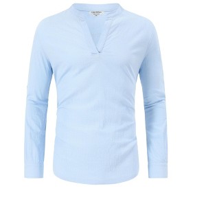 Men's Cotton Linen Shirt Henley V Neck Long Sleeve Casual Beach T Shirts - 1 of 4