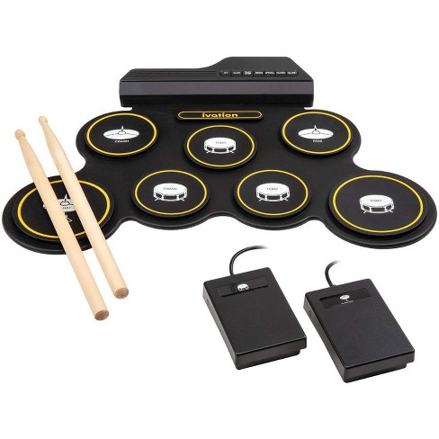 Portable Electronic Drum Pad Green 7 Labeled Pads 2 Foot Pedals Kids Children Beginners Digital Roll-Up Touch Sensitive Drum Practice Kit No Speakers/AAA Battery Operated 