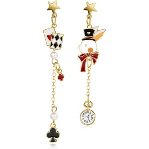 Queen of Hearts Poker Earrings, Red Heart Asymmetric Rabbit & Clock Dangle Earrings, Gold Halloween Costume Accessories for Women. - 1 of 4