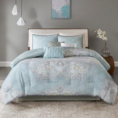 Lucinda Queen Gray and Blue Reversible Cotton Sateen Comforter Set