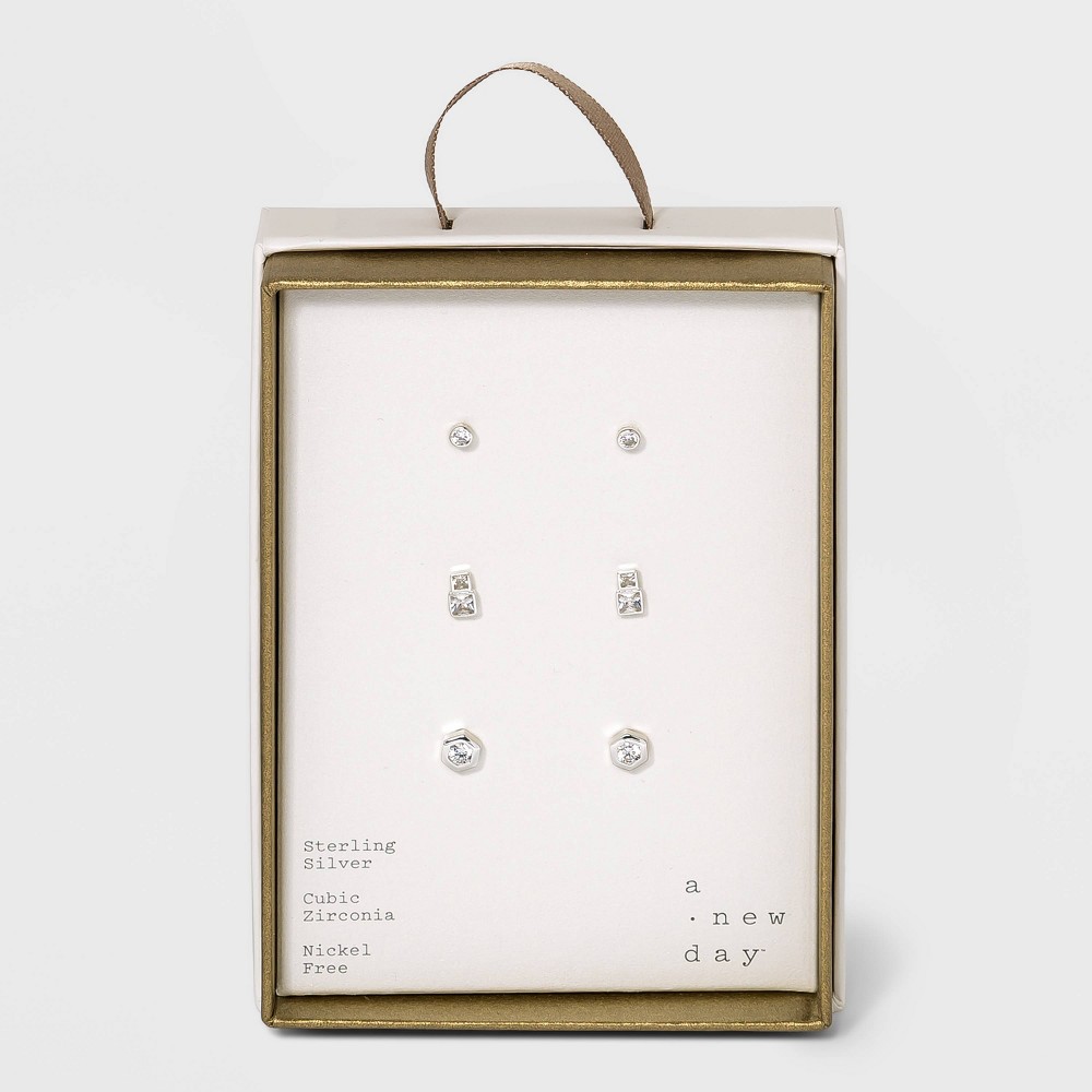 Sterling Silver Cubic Zirconia Multi Shape Stud Earring Set 3pc - A New Day Metallic Silver