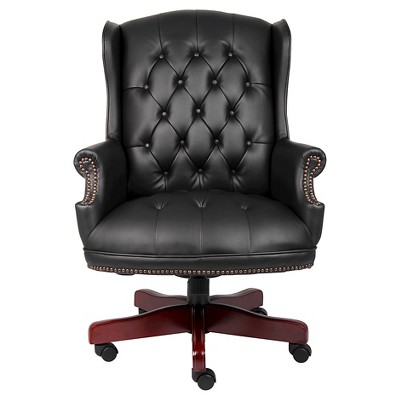 Elegant High-Back Swivel Banker Chair in Black Vinyl and Mahogany Wood