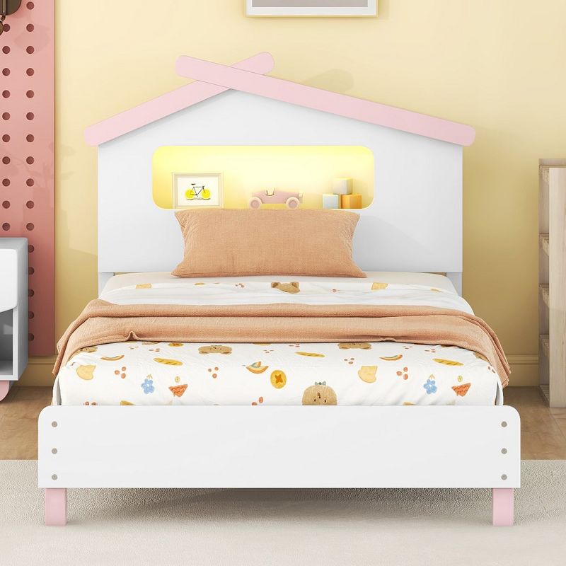 Twin Size Bed Frames, Wooden Platform Bed With House-shaped Headboard, Motion Activated Night Lights, White+Pink, 2 of 8