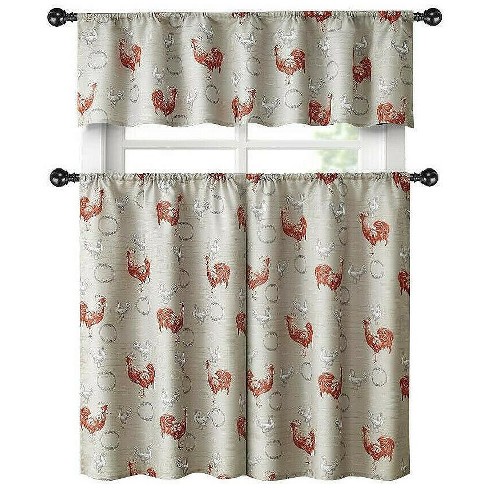 Kate Aurora Country Farmhouse Red Rooster Barn 3 Piece Kitchen Curtain ...