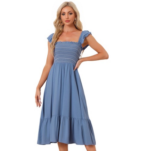 Allegra K Women's Square Neck Ruffle Trim Flowy Smocked Midi Sundresses ...