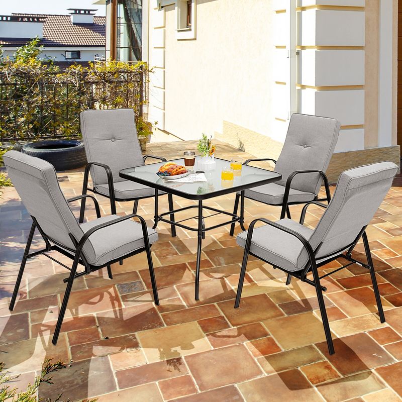 Costway 6PCS Patio Dining Set Stackable Chairs Cushioned Glass Table W/Umbrella, 2 of 11