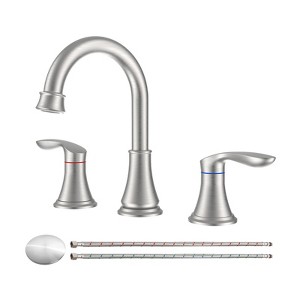 8" Widespread Bathroom Sink Faucet Brushed Nickel Lavatory Faucet 360° Swivel Spout Vanity Sink Basin with Pop Up Drain Assembly & Water Supply Hoses - 1 of 4