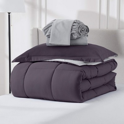 Twin Purple Microfiber Down Alternative Reversible Bed in a Bag Set