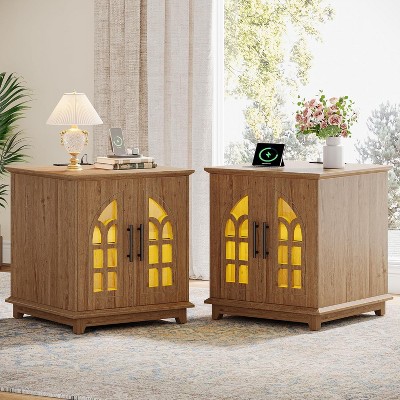Tribesigns Nightstand with Charging Station & LED Light, 23.6" Square Night Stand Wooden Bedside Table with Outlet, End Table with Storage, Brown