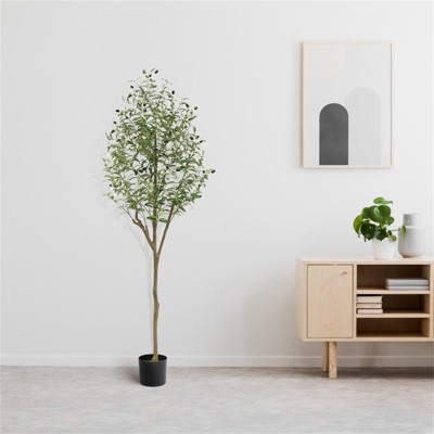 6FT Indoor Artificial Plants Large Olive Tree, Potted Olive Silk Tree with Natural Wood Trunk and Realistic Leave for Living Room Bedroom Office