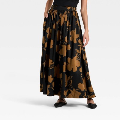 Women's Voluminous Maxi A-Line Skirt - A New Day™ Black/Brown Floral