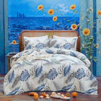 Floral Cotton Comforter Set – 100% Cotton Bedding with Elegant Botanical Print, Soft Lightweight All Season Quilt, King/Queen