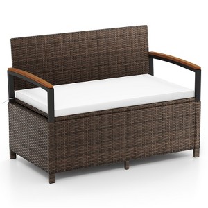 Tangkula Outdoor Storage Bench w/Cushion Backrest & Acacia Wood Armrests Hidden Storage - 1 of 4