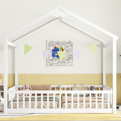 NicBex Double Twin Size Kids Montessori Bed with Wood Roof Frame,Floor Bed with Fence Design,Toddler bed for Bedroom Playroom,Gray/White/Brown